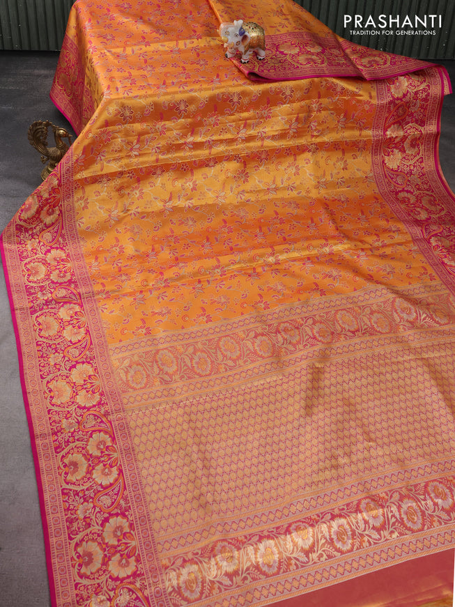 Pure kanchipuram tissue silk saree orange and pink with allover zari woven mina weaves and rich zari woven border