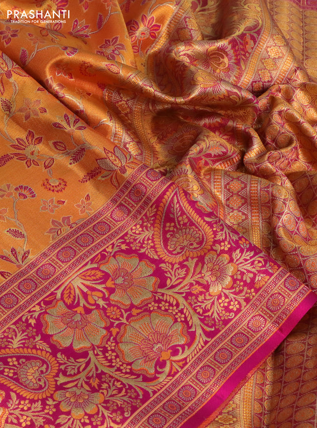 Pure kanchipuram tissue silk saree orange and pink with allover zari woven mina weaves and rich zari woven border