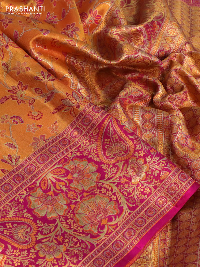 Pure kanchipuram tissue silk saree orange and pink with allover zari woven mina weaves and rich zari woven border