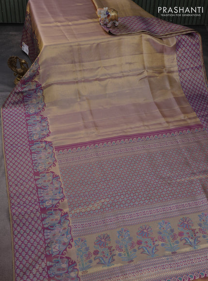 Pure kanchipuram tissue silk saree dual shade of pastel lavender and deep purple with allover zari weaves and rich elephant design mina border