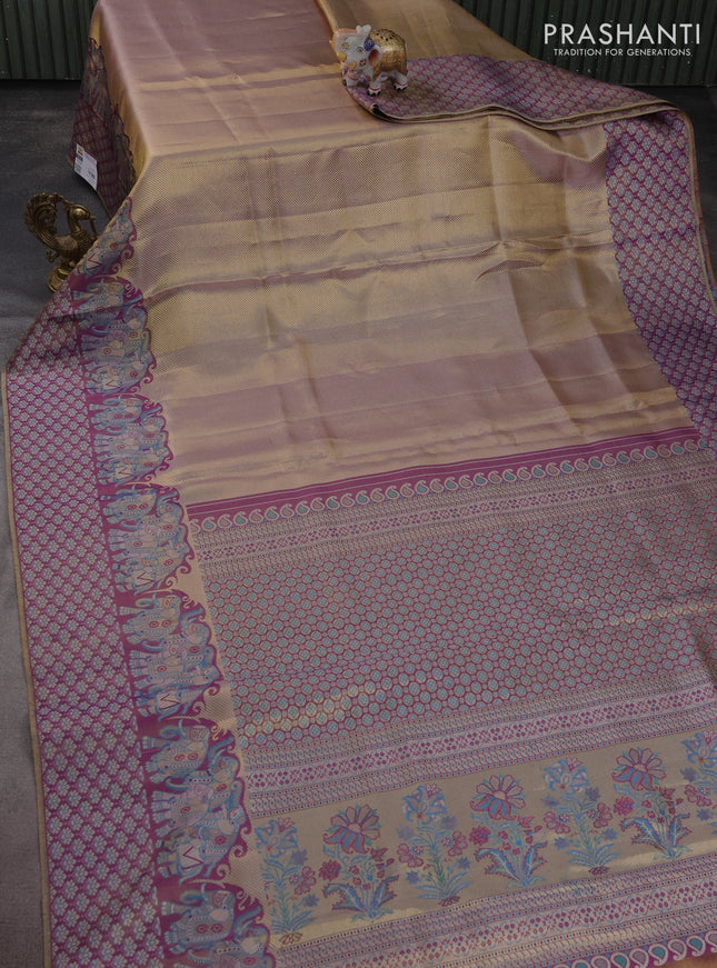 Pure kanchipuram tissue silk saree dual shade of pastel lavender and deep purple with allover zari weaves and rich elephant design mina border