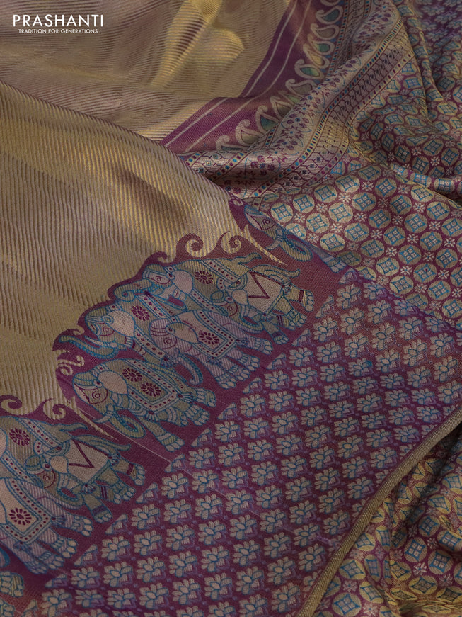 Pure kanchipuram tissue silk saree dual shade of pastel lavender and deep purple with allover zari weaves and rich elephant design mina border