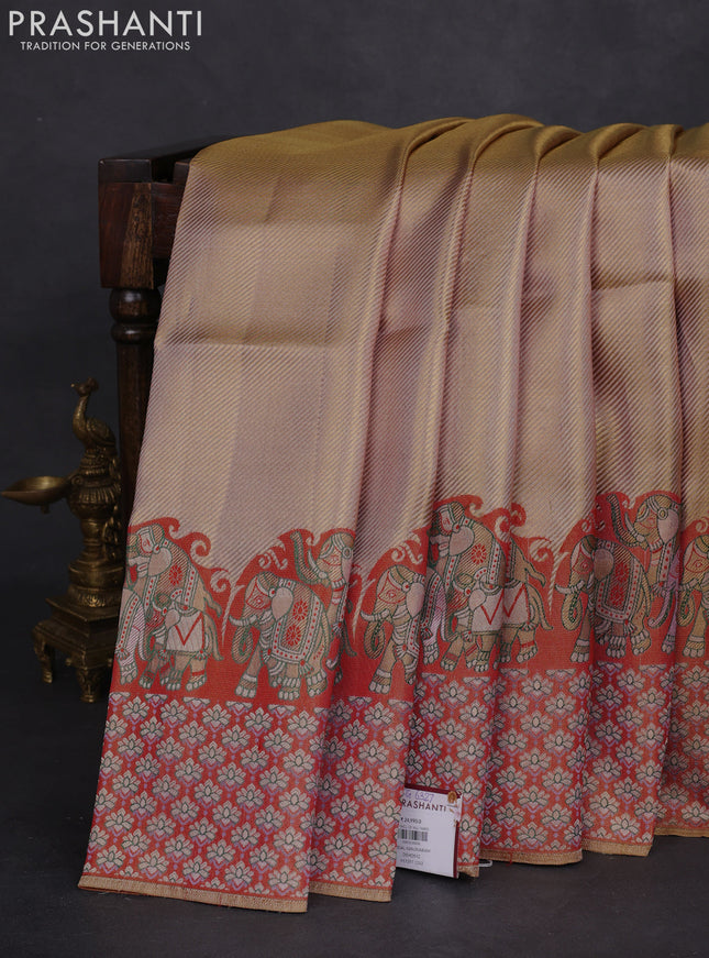 Pure kanchipuram tissue silk saree dual shade of lavender and red with allover zari weaves and rich elephant design mina border