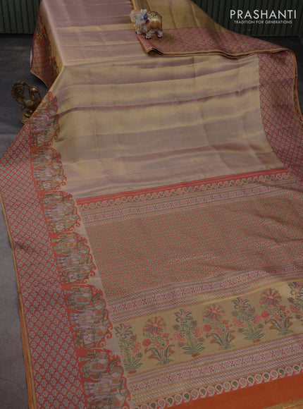 Pure kanchipuram tissue silk saree dual shade of lavender and red with allover zari weaves and rich elephant design mina border