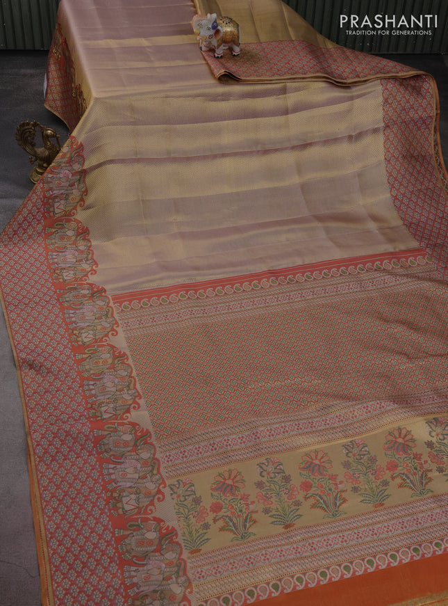 Pure kanchipuram tissue silk saree dual shade of lavender and red with allover zari weaves and rich elephant design mina border