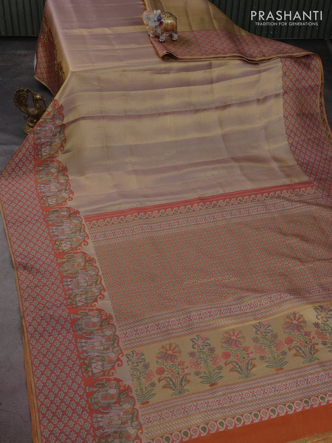 Pure kanchipuram tissue silk saree dual shade of lavender and red with allover zari weaves and rich elephant design mina border