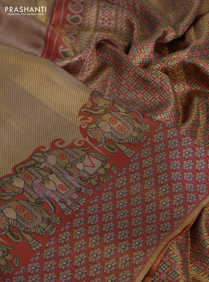 Pure kanchipuram tissue silk saree dual shade of lavender and red with allover zari weaves and rich elephant design mina border