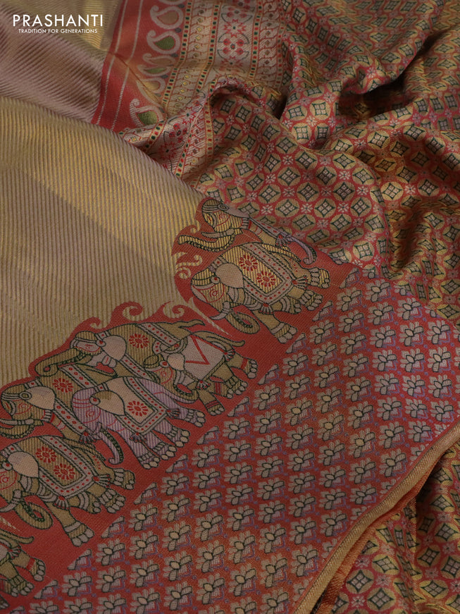 Pure kanchipuram tissue silk saree dual shade of lavender and red with allover zari weaves and rich elephant design mina border