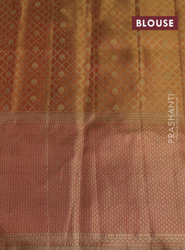 Pure kanchipuram tissue silk saree dual shade of lavender and red with allover zari weaves and rich elephant design mina border