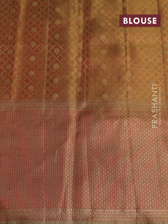 Pure kanchipuram tissue silk saree dual shade of lavender and red with allover zari weaves and rich elephant design mina border