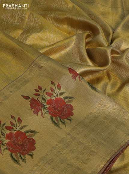 Pure kanchipuram tissue silk saree gold and red with allover zari weaves and floral design butta border