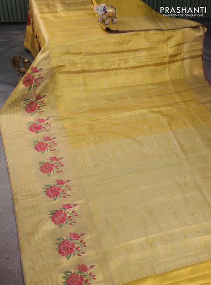 Pure kanchipuram tissue silk saree gold and pink with allover zari weaves and floral design butta border