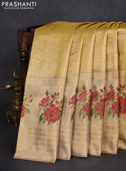 Pure kanchipuram tissue silk saree gold and maroon with allover zari weaves and floral design butta border