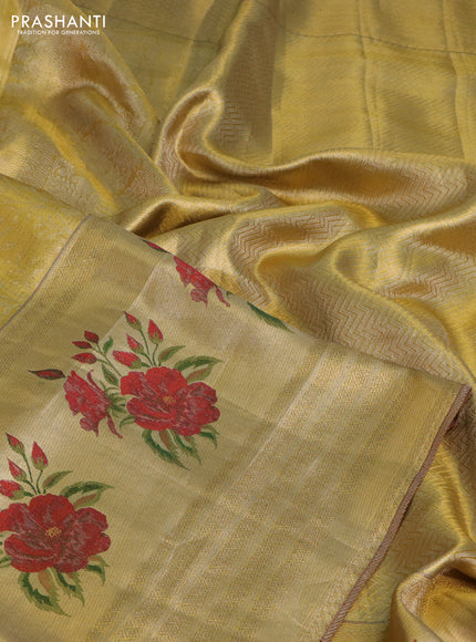 Pure kanchipuram tissue silk saree gold and maroon with allover zari weaves and floral design butta border