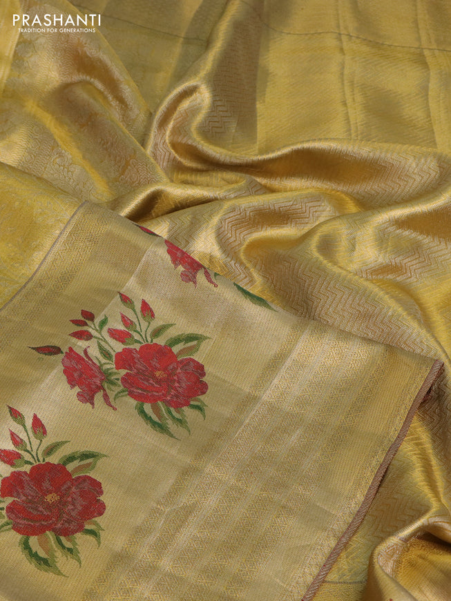 Pure kanchipuram tissue silk saree gold and maroon with allover zari weaves and floral design butta border
