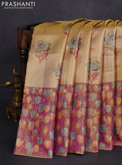Pure kanchipuram tissue silk saree gold and dual shade of purple with floral design motif and long rich floral design border