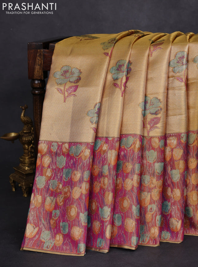 Pure kanchipuram tissue silk saree gold and dual shade of purple with floral design motif and long rich floral design border