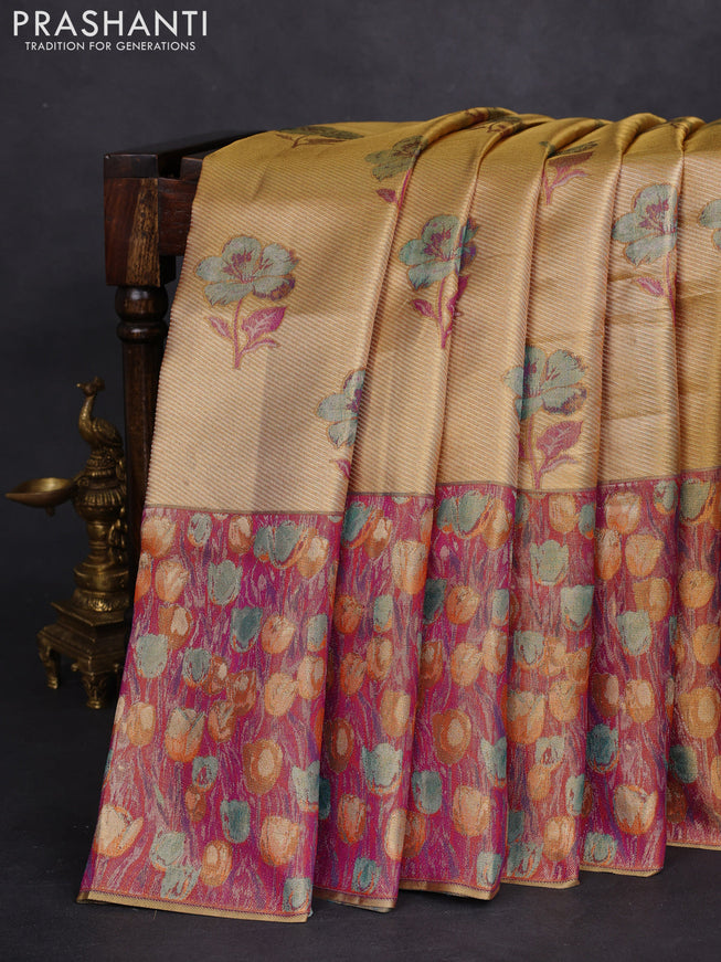 Pure kanchipuram tissue silk saree gold and dual shade of purple with floral design motif and long rich floral design border