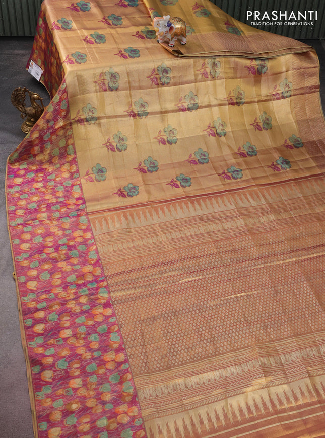 Pure kanchipuram tissue silk saree gold and dual shade of purple with floral design motif and long rich floral design border