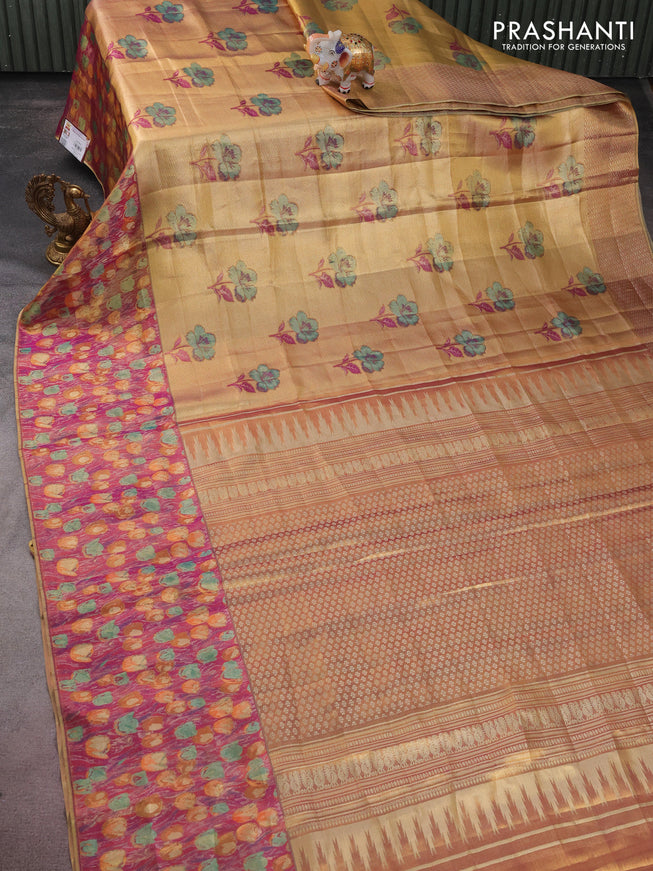 Pure kanchipuram tissue silk saree gold and dual shade of purple with floral design motif and long rich floral design border