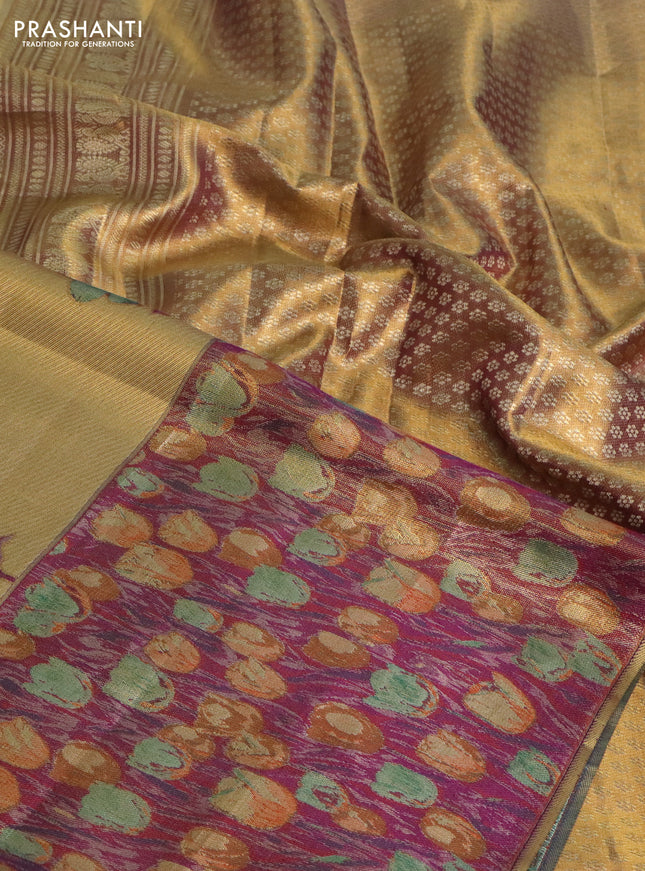Pure kanchipuram tissue silk saree gold and dual shade of purple with floral design motif and long rich floral design border