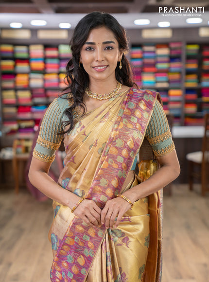 Pure kanchipuram tissue silk saree gold and dual shade of purple with floral design motif and long rich floral design border