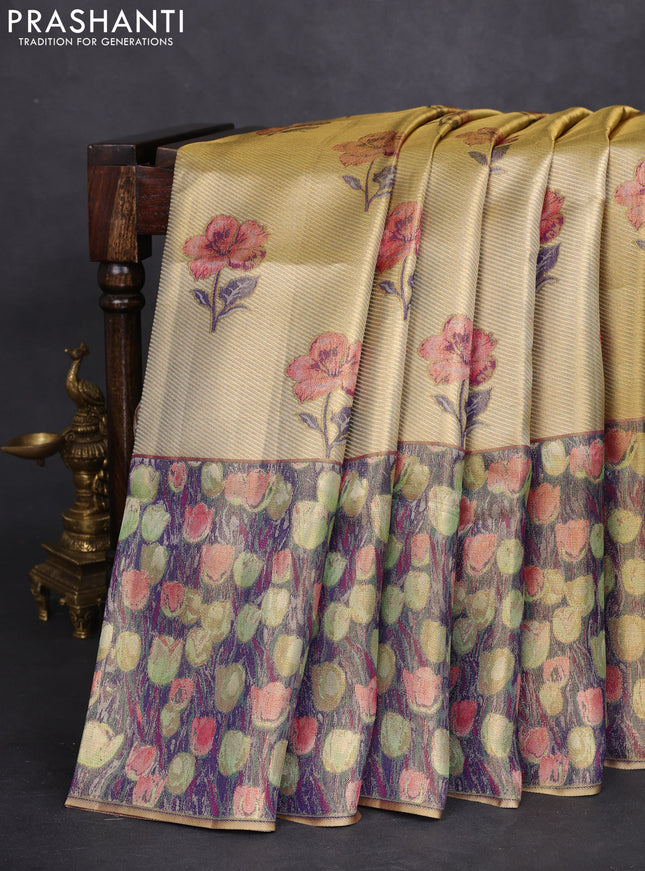 Pure kanchipuram tissue silk saree gold and navy blue with floral design motif and long rich floral design border