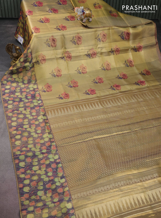 Pure kanchipuram tissue silk saree gold and navy blue with floral design motif and long rich floral design border