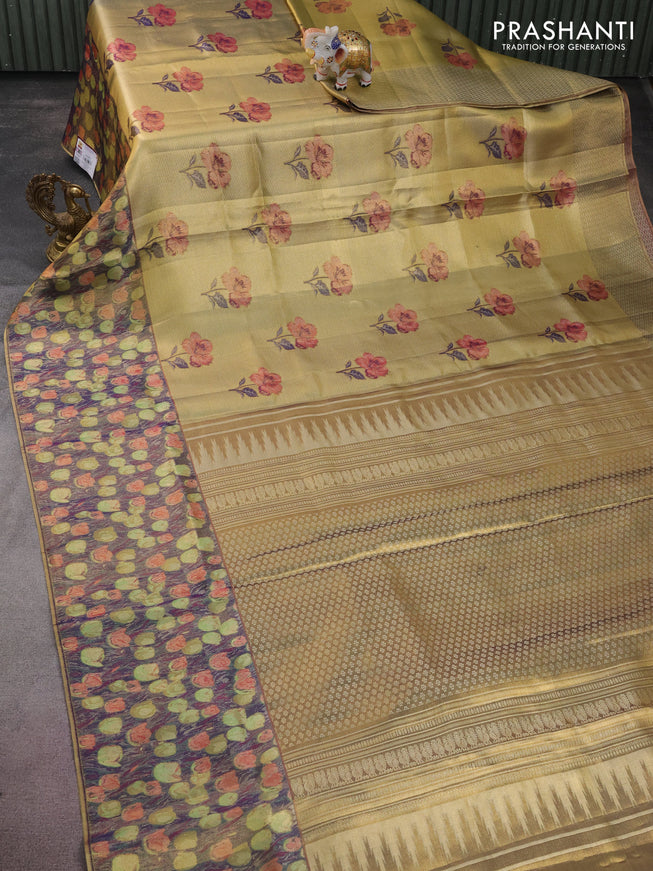 Pure kanchipuram tissue silk saree gold and navy blue with floral design motif and long rich floral design border
