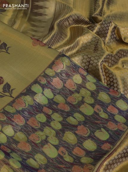 Pure kanchipuram tissue silk saree gold and navy blue with floral design motif and long rich floral design border