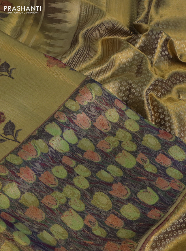 Pure kanchipuram tissue silk saree gold and navy blue with floral design motif and long rich floral design border