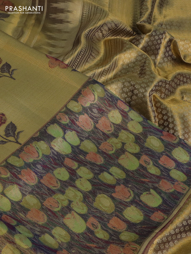 Pure kanchipuram tissue silk saree gold and navy blue with floral design motif and long rich floral design border