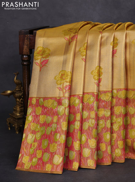 Pure kanchipuram tissue silk saree gold and maroon with floral design motif and long rich floral design border