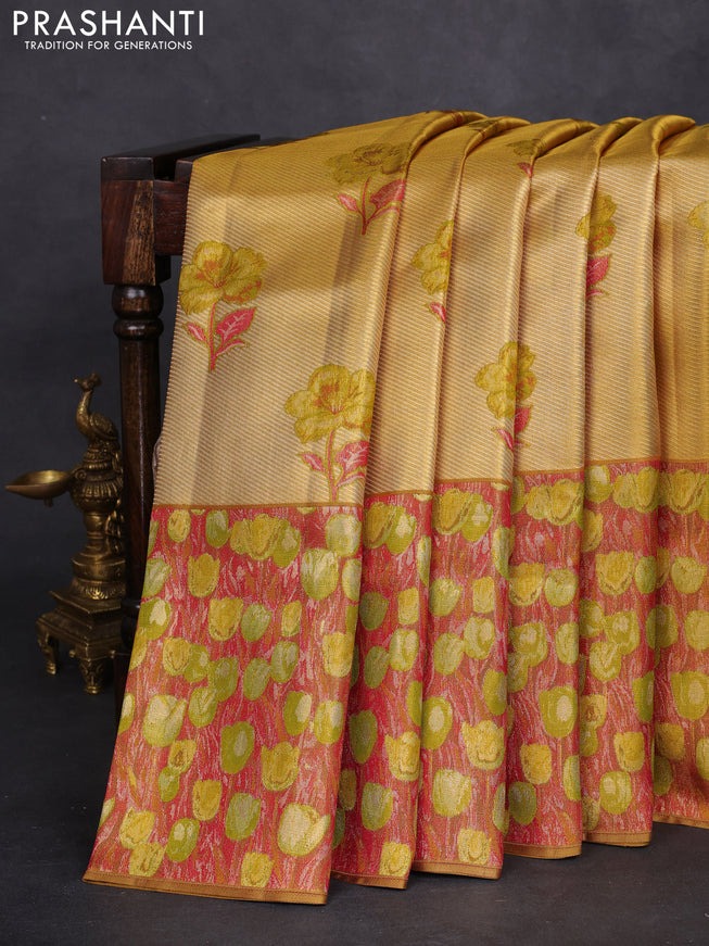 Pure kanchipuram tissue silk saree gold and maroon with floral design motif and long rich floral design border