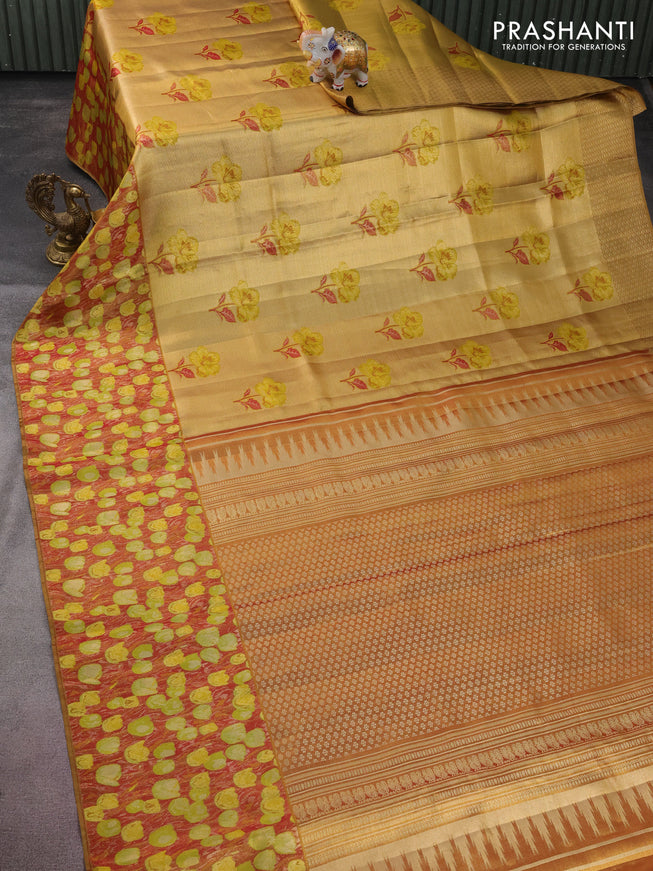 Pure kanchipuram tissue silk saree gold and maroon with floral design motif and long rich floral design border