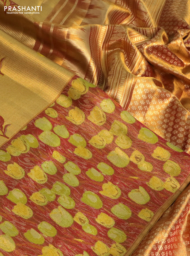 Pure kanchipuram tissue silk saree gold and maroon with floral design motif and long rich floral design border