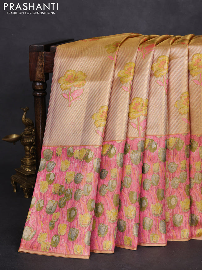 Pure kanchipuram tissue silk saree gold and peach pink with floral design motif and long rich floral design border
