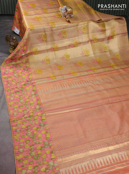 Pure kanchipuram tissue silk saree gold and peach pink with floral design motif and long rich floral design border