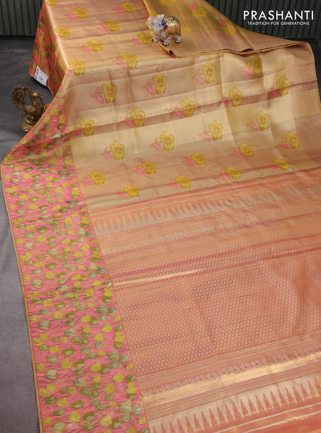 Pure kanchipuram tissue silk saree gold and peach pink with floral design motif and long rich floral design border
