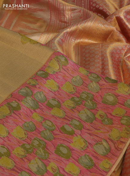 Pure kanchipuram tissue silk saree gold and peach pink with floral design motif and long rich floral design border
