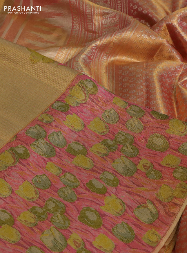 Pure kanchipuram tissue silk saree gold and peach pink with floral design motif and long rich floral design border
