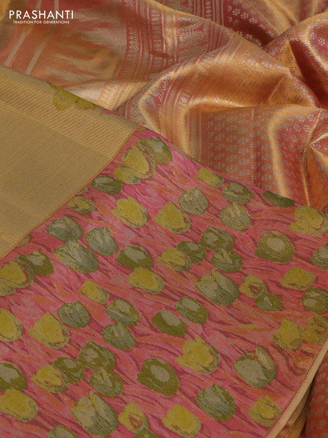 Pure kanchipuram tissue silk saree gold and peach pink with floral design motif and long rich floral design border