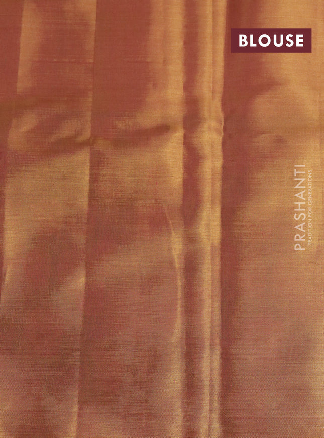 Pure kanchipuram tissue silk saree gold and peach pink with floral design motif and long rich floral design border