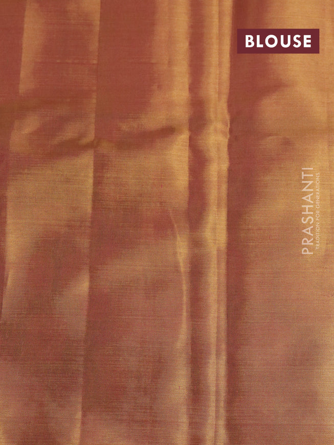 Pure kanchipuram tissue silk saree gold and peach pink with floral design motif and long rich floral design border