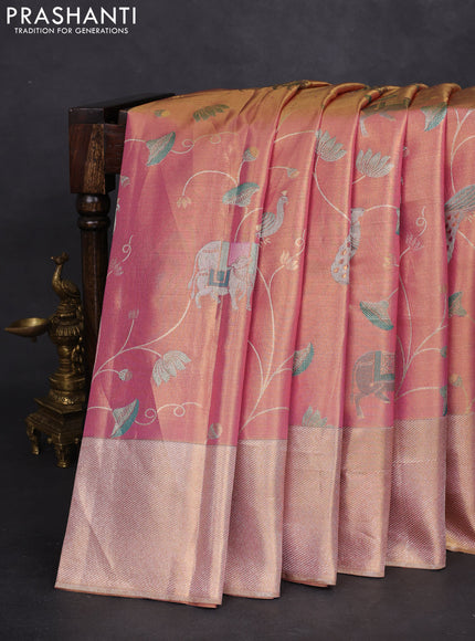 Pure kanchipuram tissue silk saree dual shade of pastel pink with allover rich pichwai design weaving and zari woven border