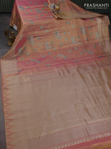 Pure kanchipuram tissue silk saree dual shade of pastel pink with allover rich pichwai design weaving and zari woven border