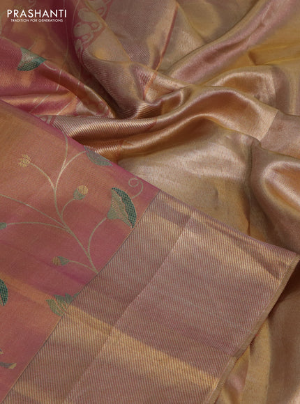 Pure kanchipuram tissue silk saree dual shade of pastel pink with allover rich pichwai design weaving and zari woven border