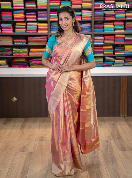 Pure kanchipuram tissue silk saree dual shade of pastel pink with allover rich pichwai design weaving and zari woven border