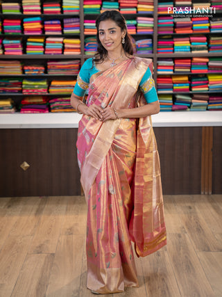 Pure kanchipuram tissue silk saree dual shade of pastel pink with allover rich pichwai design weaving and zari woven border