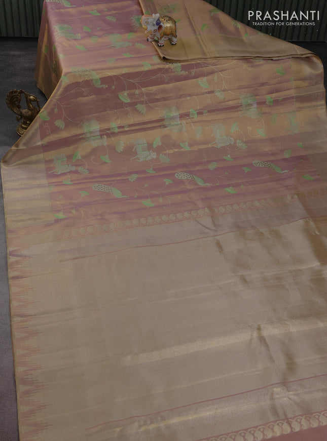 Pure kanchipuram tissue silk saree dual shade of pastel lavender with allover rich pichwai design weaving and zari woven border
